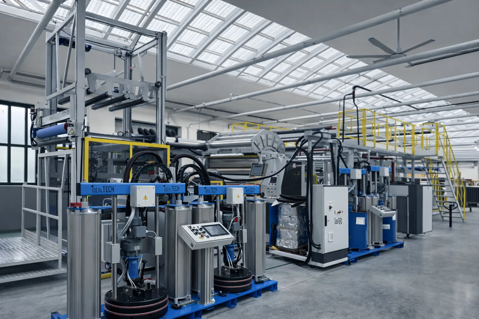Idealtech tandem drum unloader system integrated into an industrial production line